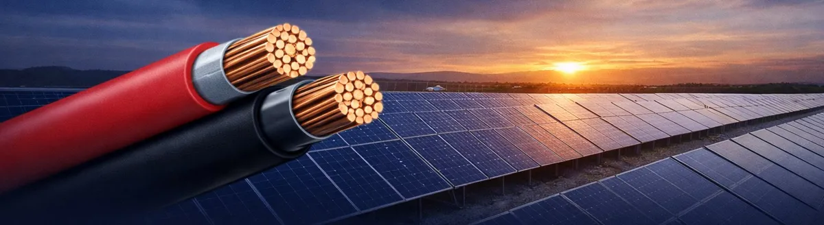 Red and black solar cables in front of a solar power plant at sunset