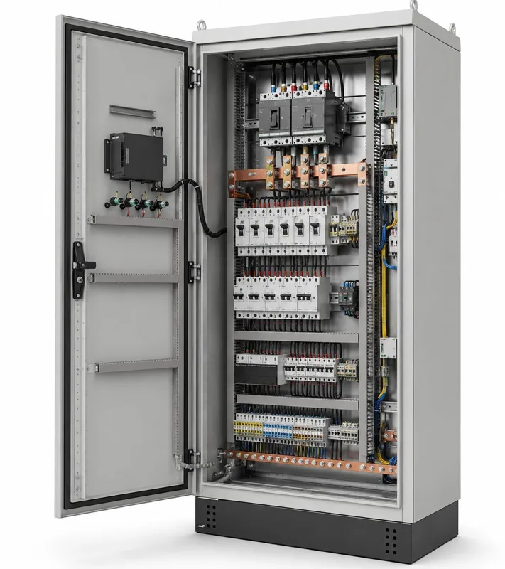 Floor-standing modular switchboard with breakers and busbars