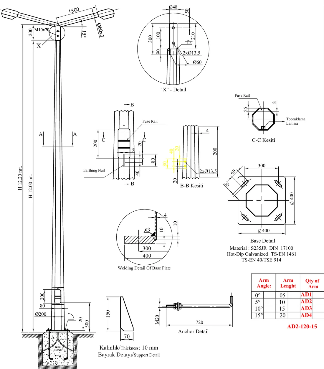 Technical drawing of the CASK 12 m double arm octagonal lighting pole with base plate, anchor bolt and door details