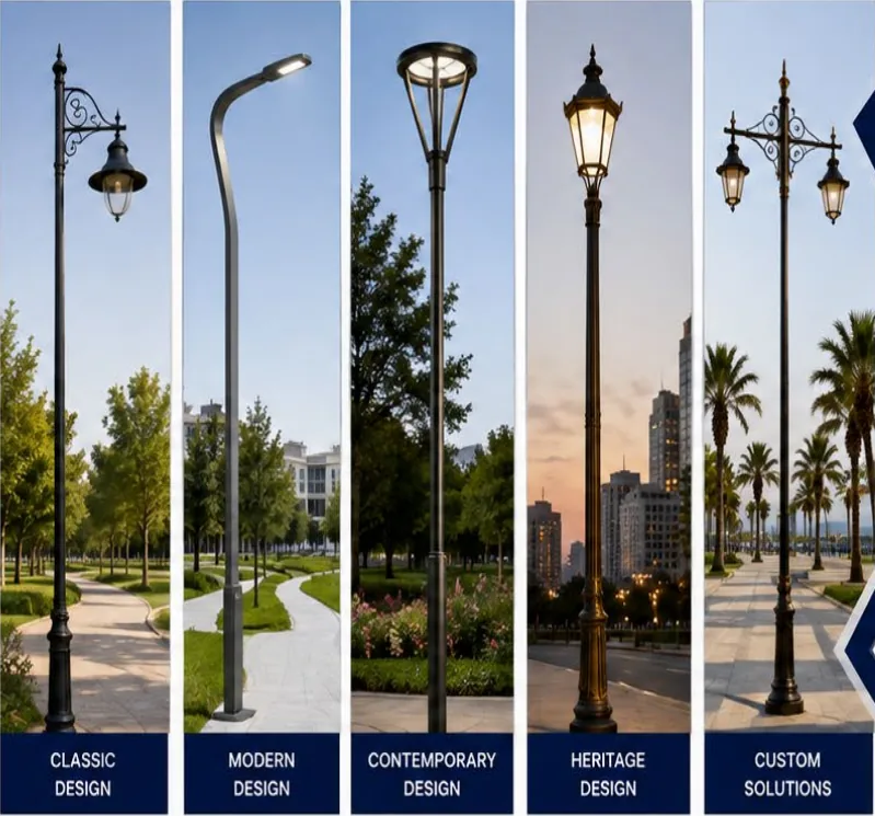 Classic, modern, contemporary and heritage decorative lighting poles in parks and promenades