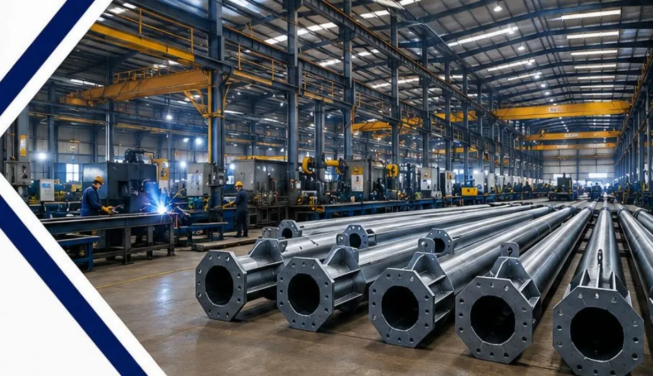 Steel poles with base plates in the CASK STEEL factory