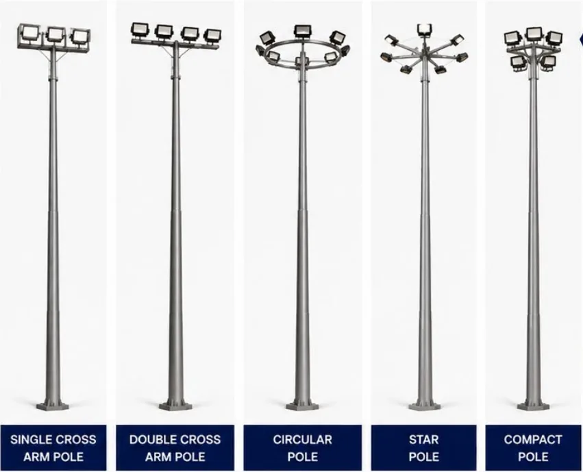 Single cross arm, double cross arm, circular, star and compact flood lighting poles