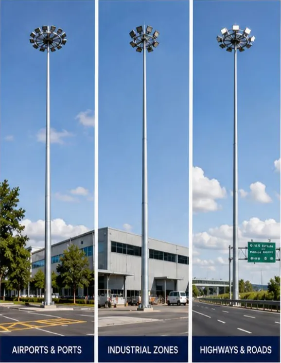 High mast lighting poles at an airport, an industrial zone and a highway