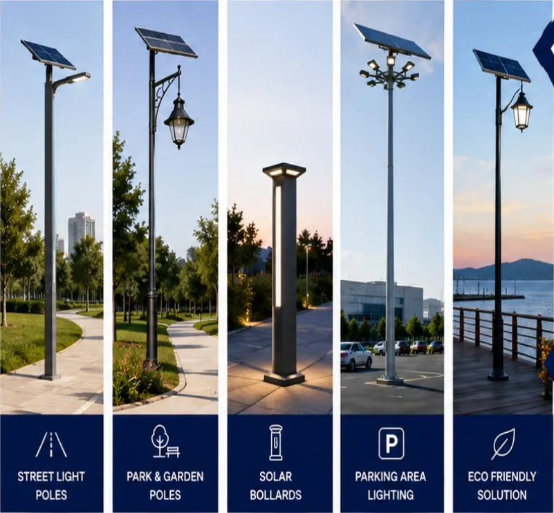 Solar street light poles, park poles, solar bollards and parking area lighting