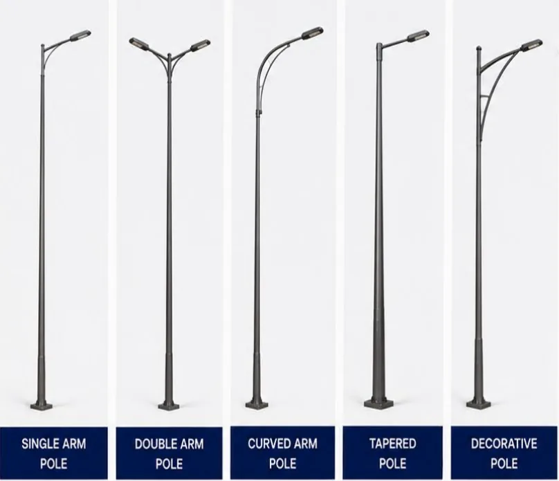 Single arm, double arm, curved arm, tapered and decorative street lighting poles